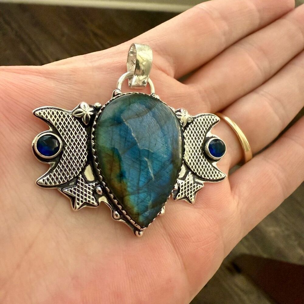 Unique Boho Labradorite Gemstone Necklace Silver Pendant Celestial New